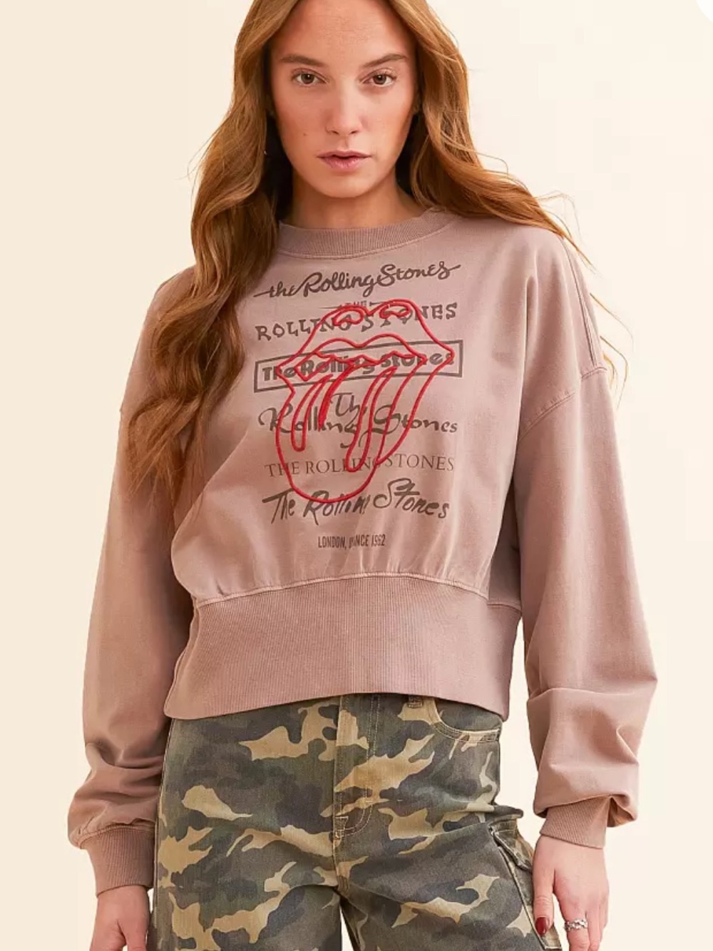 the Rolling Stones Cropped Graphic Sweatshirt - Mauve with Red Logo